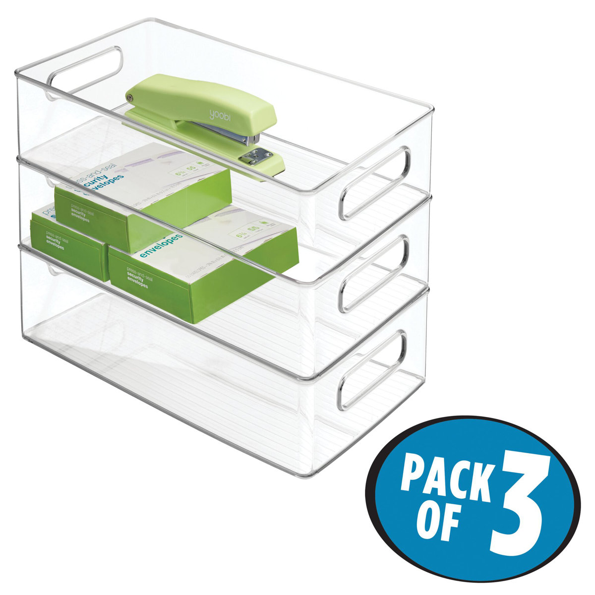 iDesign 3-Piece Set Plastic Fridge and Freezer Bins with Integrated Handles, 8" x 4" x 14.5", Clear
